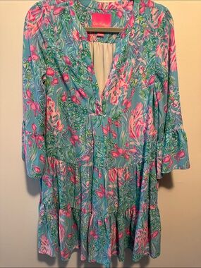 Lilly Pulitzer Turquoise and Pink Floral Tiered Tunic